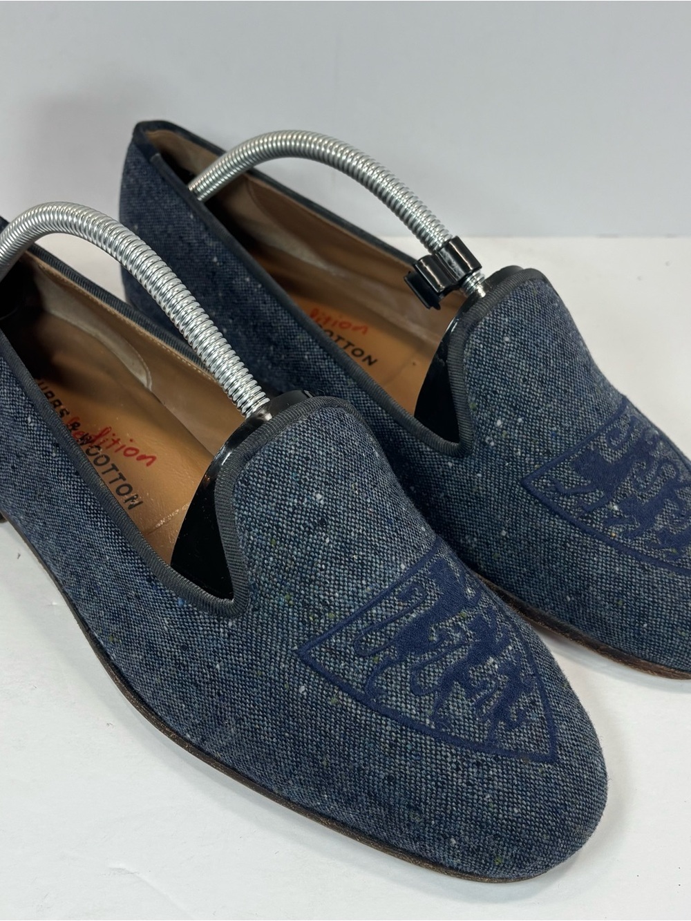 Stubbs and Wootton Blue Denim Smoking Shoes Embroidered Lion Crest Men 9.5